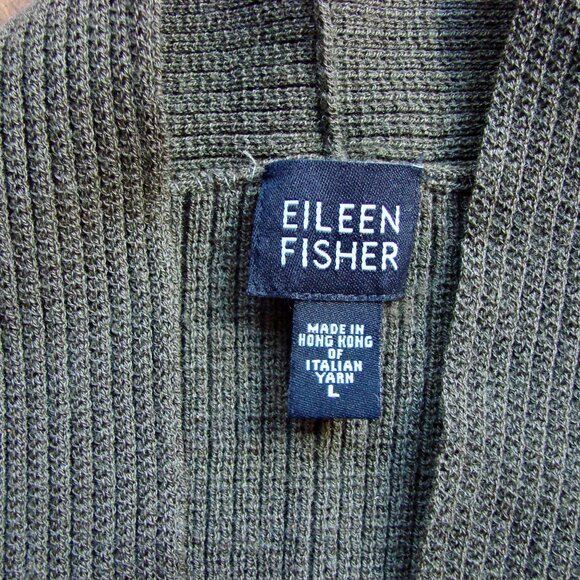 Eileen Fisher Olive Green Wool Ribbed Open Cardigan Sweater Italian Yarn Large - Picture 5 of 16
